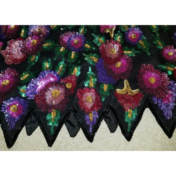 VINTAGE Womens Top-LAURENCE KAZAR-black/pink floral sequin/bead silk holiday -1X - Picture 3 of 6